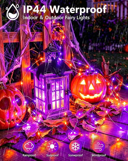 4Pack 60LED Fairy Lights Battery Operated Orange and Purple Halloween Decor | 20 FT, Halloween Lights with Timer, Cuttable Copper Wire, Waterproof Battery String Lights for Indoor Outdoor, Bedroom, Home