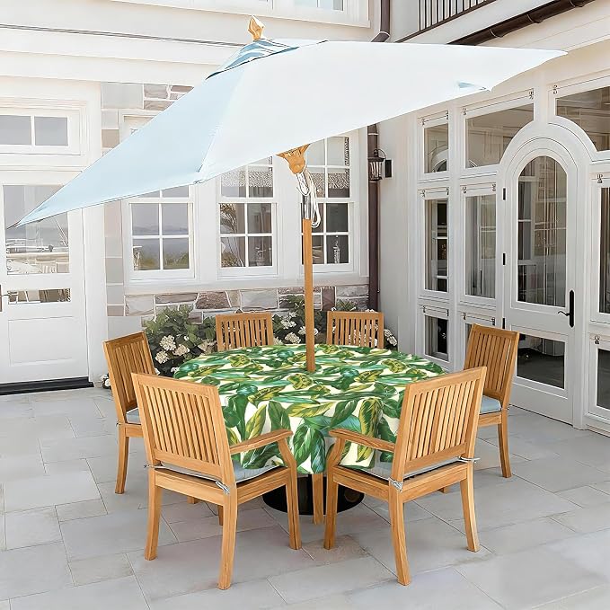 LVTXIII Round Outdoor Tablecloth with Umbrella Hole and Zipper, Water-Repellent 60 Inch Patio Table Cover for Bistro, Garden, Patio & Picnic, Lush Leaf Jungle