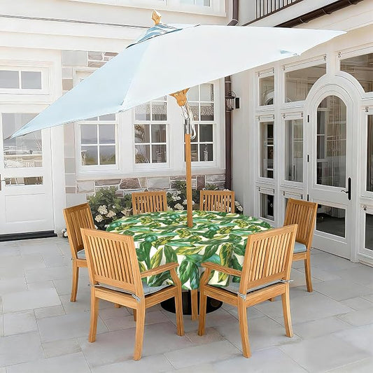 LVTXIII Round Outdoor Tablecloth with Umbrella Hole and Zipper, Water-Repellent 60 Inch Patio Table Cover for Bistro, Garden, Patio & Picnic, Lush Leaf Jungle