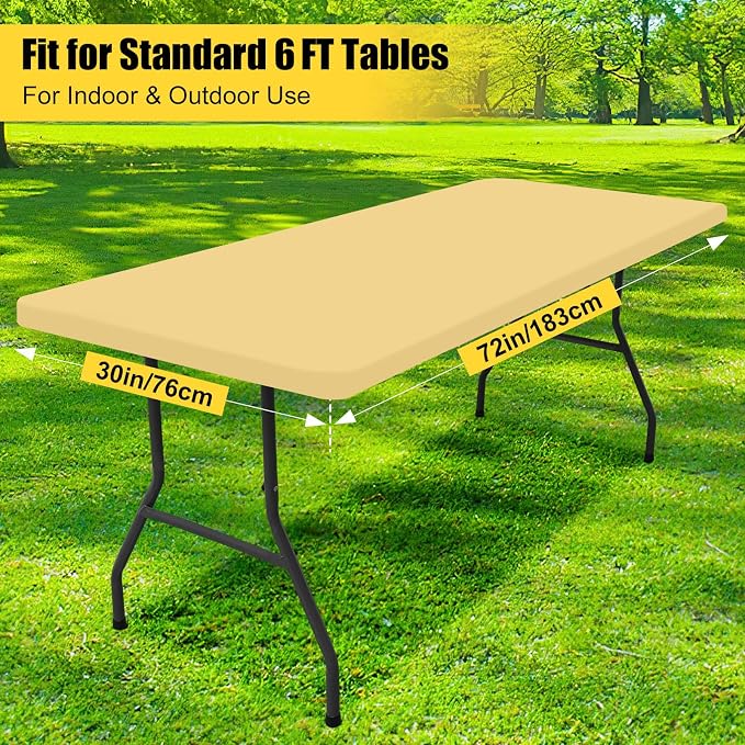 Smiry Rectangle Picnic Table Cloth, Waterproof Elastic Fitted Tablecloths for 6 Foot Tables, Washable Polyester Table Cover for Camping, Indoor and Outdoor (Light Camel, 30"x72")