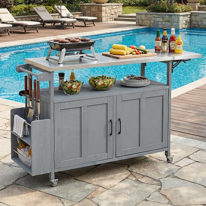 JIVOIT Outdoor Fir Wood Kitchen Island with Foldable Stainless Steel Top, Patio Mobile Kitchen Cart Portable Outdoor Cooking Island with Lockable Wheels, Storage Cabinet and Towel Rack (Gray/124)
