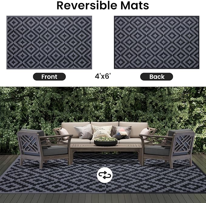 Smiry Outdoor Rug 4x6 ft Waterproof Reversible Boho Mat, Black & Grey | Polypropylene Plastic Straw, Quick Drying, Lightweight Foldable, for Patio, Deck, RV Camping, Backyard and Indoor Outdoor Use