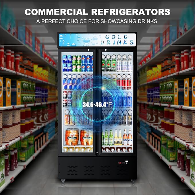 41.3''W Commercial Beverage Refrigerators, 30 Cu.ft. Glass Door Refrigerator Upright Display Cooler with Soft LED Light and Adjustable Shelves for Restaurant Grocery Stores Home
