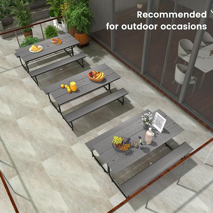 Giantex 6 FT Outdoor Picnic Table Bench Set for 6-8 People, 2400 LBS Capacity Patio Dining Table & 2 Benches with Metal Frame & HDPE, Balcony Conversation Set for Poolside Deck Garden (Gray)