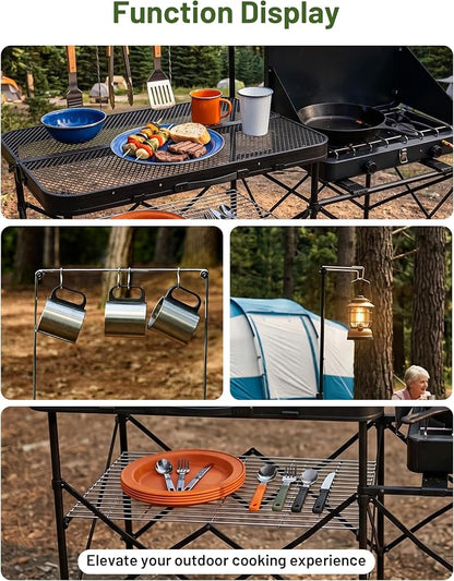 TIMBER RIDGE Portable Camping Kitchen Station, Folding Outdoor Grill Table | 110lbs Capacity Heat-Resistant Steel Mesh Top & Storage Shelves, Heavy Duty Picnic RV Tailgating BBQ Easy Setup