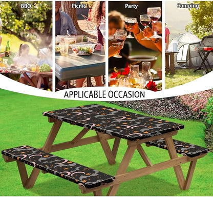 3 Piece Fitted Picnic Table Cover with Elastic Band for Camping Party Supplies Halloween Bat Moon Camping Tablecloth with Elastic Band
