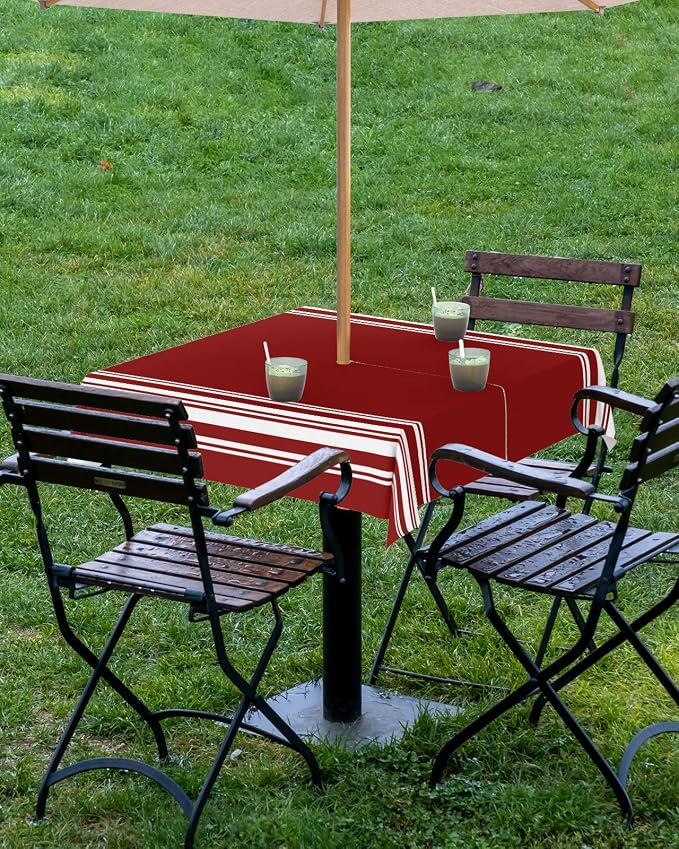 QueenKer Outdoor Tablecloth with Umbrella Hole, Farmhouse Wine Red White Stripe Square Tables Waterproof Tabletop Collection for Patio, Garden, Picnic, Camping, Dining 54 x 54 inch