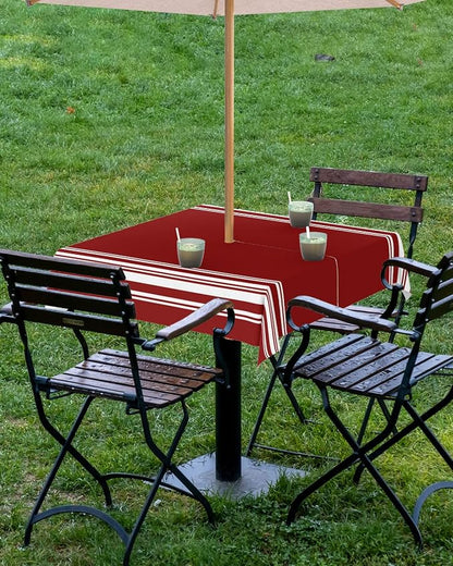 QueenKer Outdoor Tablecloth with Umbrella Hole, Farmhouse Wine Red White Stripe Square Tables Waterproof Tabletop Collection for Patio, Garden, Picnic, Camping, Dining 54 x 54 inch