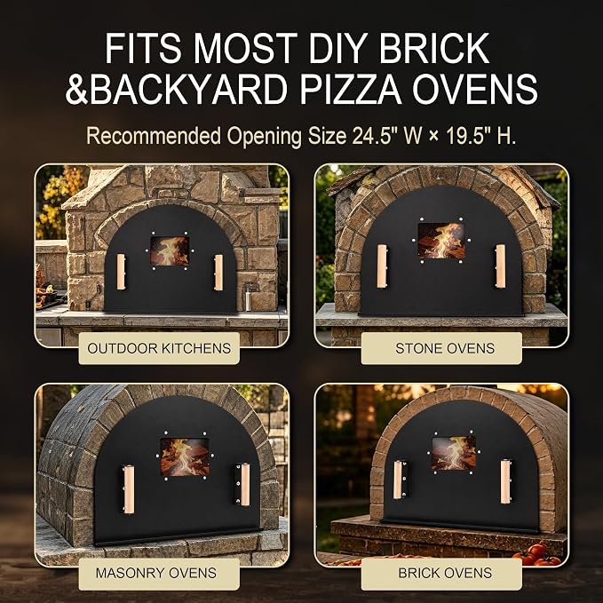 25x20 Inch Pizza Oven Door, Heavy Duty Metal Brick Oven Door | with Large Quartz Viewing Window & Wooden Handles, for DIY Brick Ovens & Outdoor Wood-Fired Cooking