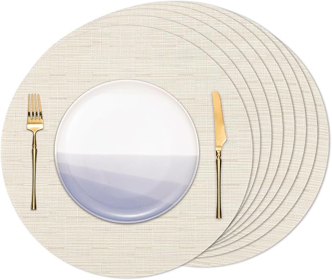 15 Inch Round Placemats Set of 8, Washable Vinyl Woven Place Mats | Heat Resistant Non-Slip Braided Table Mats for Dining Table Kitchen Indoor & Outdoor Use (White, Set of 8)
