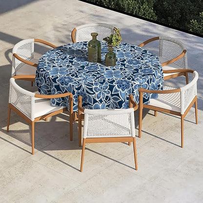 Outdoor/Indoor Round Tablecloth with Umbrella Hole Zipper, Decorative Circular Table Cover for Home Garden, 60 Inch, Flower Navy
