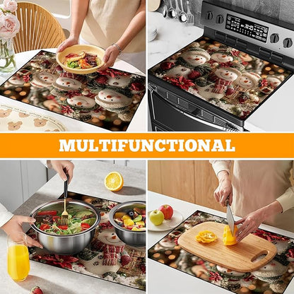 Christmas Multi-Design Stove Cover for Glass/Electric Stoves - 3-in-1 Heat-Resistant Protector Mat, Non-Slip Drying Rack 28"x20"