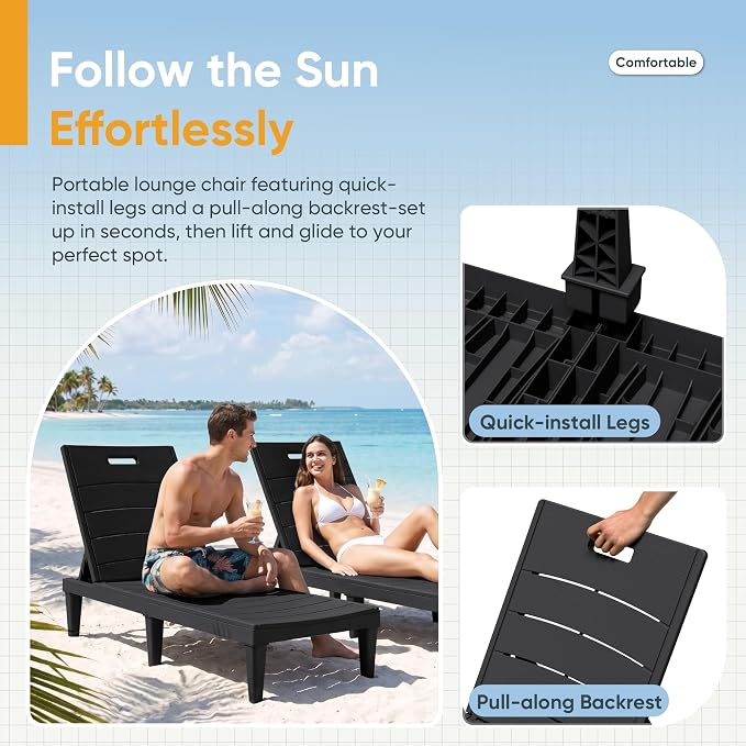 Greesum 4-Pack Adjustable Chaise Lounges, Black | 5-Pos Recline, Waterproof PP, UV-Resist, Stackable, Easy-Clean, for Pool/Patio/Beach, Tool-Free