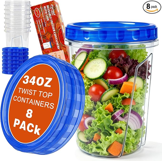 8 Pack 34oz Soup Freezer Storage Containers with Twist Lids for Meal Prep | BPA-Free Reusable Plastic, Quart Food Containers with Screw on Lids for Soup, Broth, Chili, Stew, Leftovers, Freezer Storage