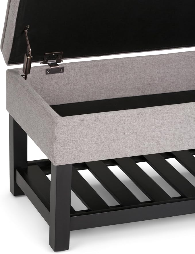 SIMPLIHOME Cosmopolitan Storage Ottoman Bench - 44 inch Wide Upholstered Linen Look Fabric Rectangle Storage Ottoman in Cloud Grey, Transitional Bench for Bedroom with Tufted Lift-Top and Open Shelf