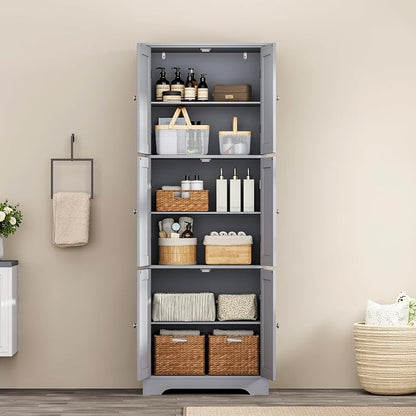 ChooChoo 63.2" Tall Bathroom Storage Cabinet with 6 Doors | Freestanding Floor Cabinet, Adjustable Shelves, Pantry Cabinet for Bathroom, Kitchen, Laundry Room, Grey