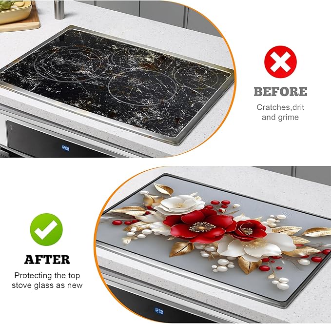 Multi-Design Stove Cover for Glass/Electric Stoves - 3-in-1 Heat-Resistant Protector Mat, Non-Slip Drying Rack 28"x20" (3D Flowers)