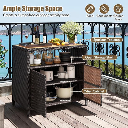 Wicker Outdoor Storage Cabinet, Rattan Patio Bar Table with Acacia Wood Countertop, Open Compartment & 2 Doors, Outdoor Buffet Cabinet Sideboard for Poolside, Garden, Backyard (Mix Brown)