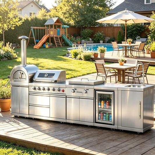 Luxury Modular Outdoor Kitchen Island, Stainless Steel Outdoor BBQ Grill Station with Sink, Storage, Countertop, Refrigerator, Pizza Oven, Backyard Patio Cooking for Family Gathering Entertaining