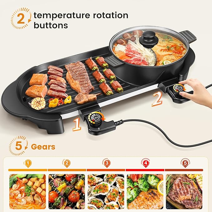 Electric Hot Pot with Grill Indoor Korean BBQ Grill Shabu-shabu Hotpot, Removable Hotpot Pot W/Large Capacity Baking Tray, Smokeless Non-Stick, 5-Gear Adjustable Temperature, 1-6 People 110V