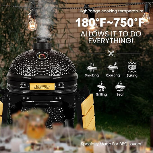 London Sunshine 15-inch Ceramic Kamado Charcoal BBQ Grill & Smoker with Locking Casters, Foldable Side Shelves, Stainless Steel Grates, and Tall Stand (Black)