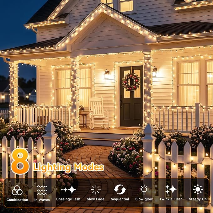 Solar String Lights 2 Pack Total 66FT 200LED Solar Fairy Lights Outdoor Waterproof 8 Modes Twinkle Solar Lights for Patio, Garden Yard Party Wedding Tree Christmas Halloween Decoration, Warm White