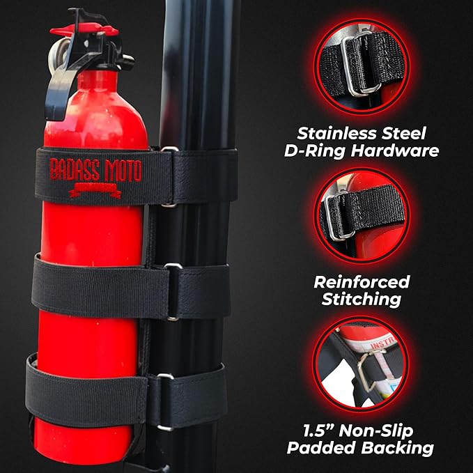 Badass Moto Fire Extinguisher Mount for UTV - Roll Cage Holder, Fits Polaris RZR, Can-Am, Kawasaki, Honda, Yamaha, 1.75"–2.25" Bars, Stainless D-Rings, No Drill, Offroad - UTV/SxS, Black