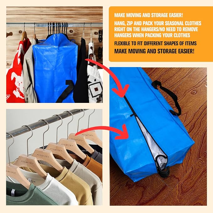 Heavy Duty Blue Moving Bags with Strong Zipper Handles Backpack Straps | 10 Pack Extra Large Storage Bags Totes Moving Boxes Packing Supplies for College Dorm Room Essentials Compatible with IKEA
