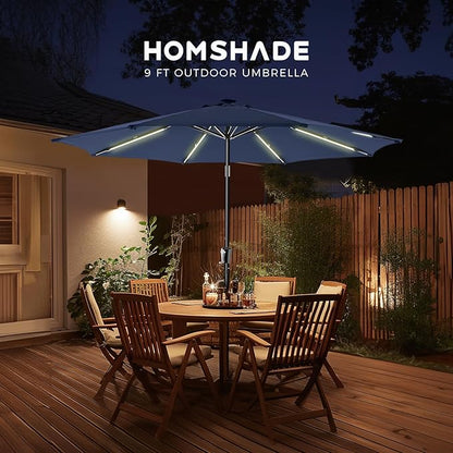 HOMSHADE 9ft Solar Patio Umbrella - Solar Lights LED Lighted UPF50+ UV Protection Umbrella, Outdoor Market Table Umbrella with Push Button Tilt, Crank for Pool Deck and Garden (Navy)