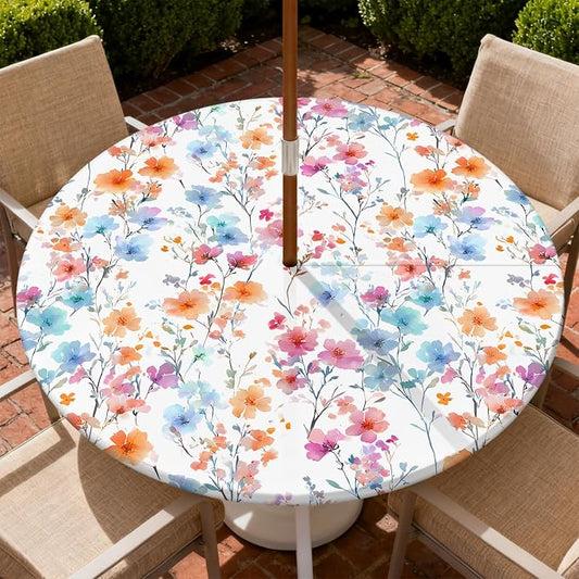 Outdoor Tablecloth with Umbrella Hole and Zipper Fits 45-48" Tables | Waterproof Round Fitted Tablecloth with Elastic Edge, Wipeable Outdoor Table Cover for Patio, Garden, Picnic