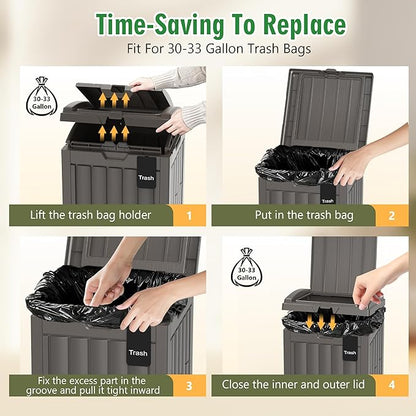 Outdoor Trash Can, 30 Gallon Garbage Can with Tiered Lid and Drip Tray, Waterproof Resin Waste Bin for Patio, Garden, Backyard, Deck, Brown