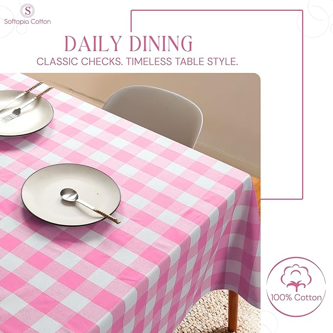 Rose Pink and White Buffalo Check Tablecloth, 60x102 Inches, Plaid Table Cover, 100% Cotton, Washable and Reusable, Perfect for Baby Shower, Birthdays, Weddings and Holiday Gatherings