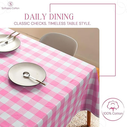 Rose Pink and White Buffalo Check Tablecloth, 60x84 Inches, Plaid Table Cover, 100% Cotton, Washable and Reusable, Perfect for Baby Showers, Birthdays, Weddings and Holiday Gatherings