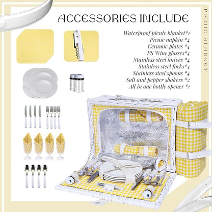 Wicker Picnic Basket Set for 4, Blanket, Cooler Bag, Yellow Grid | Four-Person Wicker Set Includes Tableware, Insulated Food Storage and Waterproof Blanket for Parks, Camping, Dates and Gifts