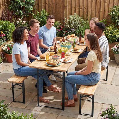 GIANTEX 70 Inch Folding Picnic Tables with Benches Set, Solid Wood Camping Beer Table Bench Set with Metal Frame, 3-Piece Portable Patio Dining Furniture, Indoor & Outdoor Folding Table and Chairs