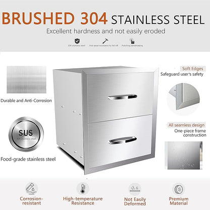 18''W x 15''H x 23''D Outdoor Kitchen Stainless Steel Flush Mount BBQ Double Access Drawers with Handles for Outdoor Kitchens or Patio Grill Station