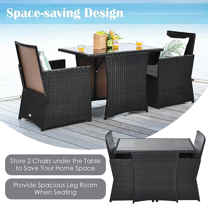 DORTALA Wicker Patio Bistro Set 3 Piece, Outdoor Table and Chairs with Tempered Glass Tabletop, Cushions, Small Rattan Furniture Conversation Sofa Set for Balcony, Porch, Backyard, Deck, Grey