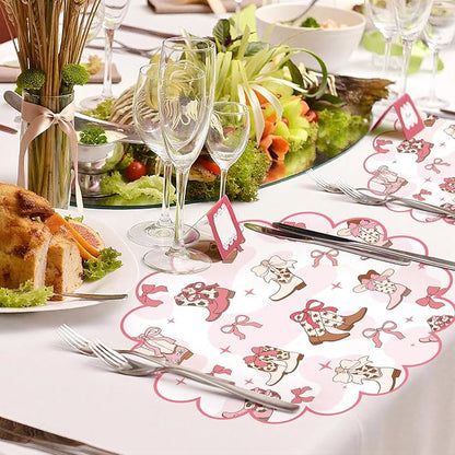 100 Pcs Cowgirl Party Paper Placemats 13.5 Inch Scalloped Pink Bow Paper Placemat Disposable Coquette Decorative Table Mat for Western Themed Birthday Bachelor Baby Shower Wedding Decoration