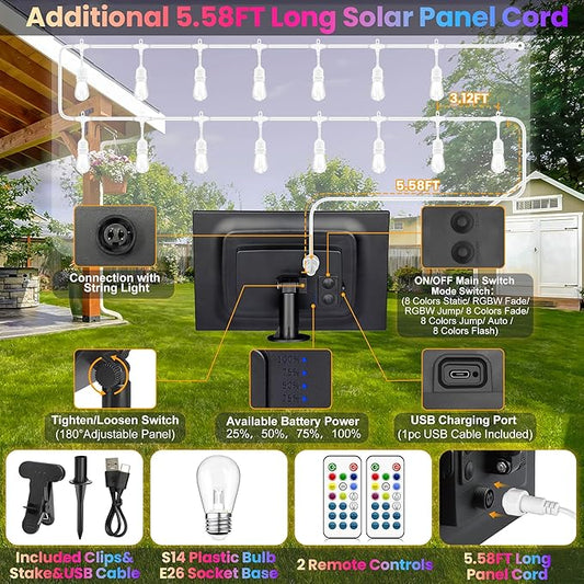 Larkvue 50FT RGB Solar Outdoor String Lights with Remote, Dimmable Waterproof Patio Lights with 15 LED Bulbs for Deck Balcony Cafe Party-White Cord