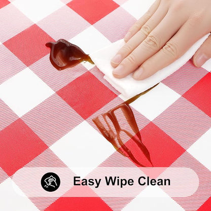 Smiry Square Picnic Table Cloth, Elastic Waterproof Fitted Vinyl Tablecloths, Flannel Backed Buffalo Plaid Table Covers for Dining, Camping, Outdoor (White and Red, 34" x 34")