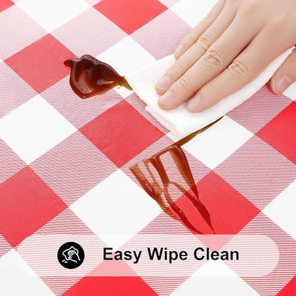 Smiry Rectangle Picnic Table Cloth, Elastic Waterproof Fitted Vinyl Tablecloths, Flannel Backed Buffalo Plaid Table Covers for Dining, Camping, Outdoor (White and Red, 24" x 72")