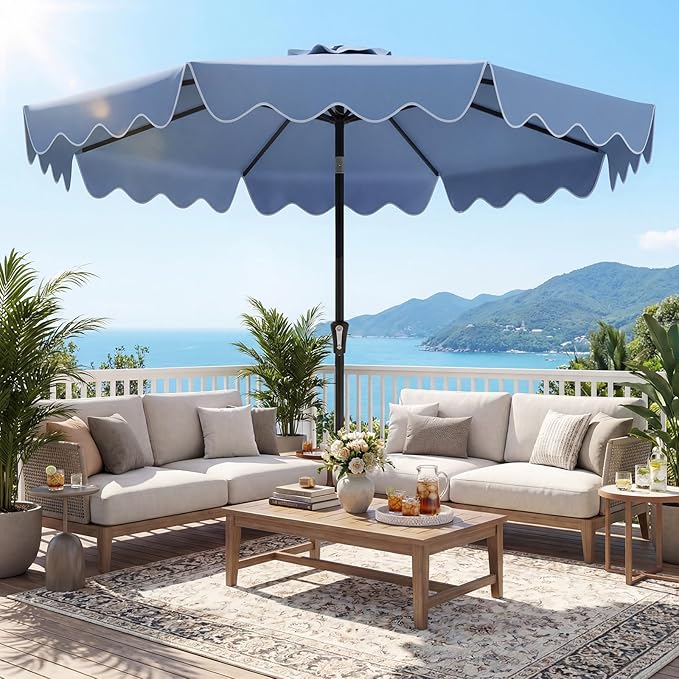 Tangkula 9 FT Patio Umbrella with Base Included, 2-Tiers Outdoor Scalloped Table Umbrella with 2 Sandbags, Tilt Adjustment, Crank, 8 Ribs for Market Backyard Pool Deck Beach Lawn