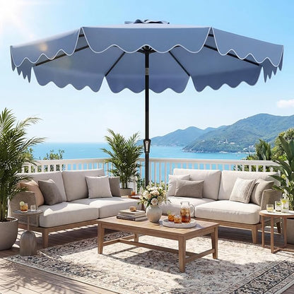 Tangkula 9 FT Patio Umbrella with Base Included, 2-Tiers Outdoor Scalloped Table Umbrella with 2 Sandbags, Tilt Adjustment, Crank, 8 Ribs for Market Backyard Pool Deck Beach Lawn