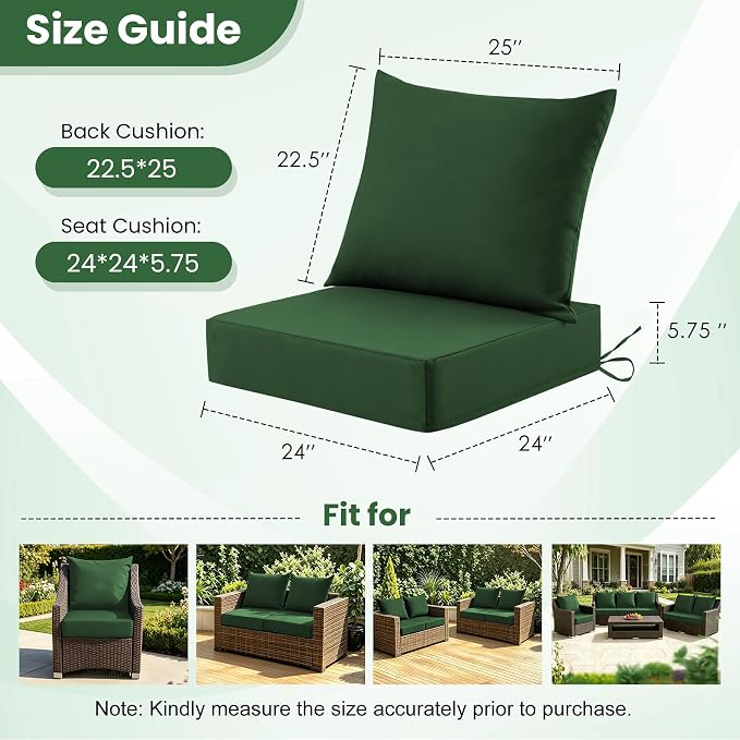 Patio Cushions for Outdoor Furniture, 24x24 Outdoor Couch Cushions, Waterproof & Fade-Resistant Patio Chair Cushions with Removable Cover, Replacement Outdoor Deep Seat Cushion, Forest Green(Set of 2)