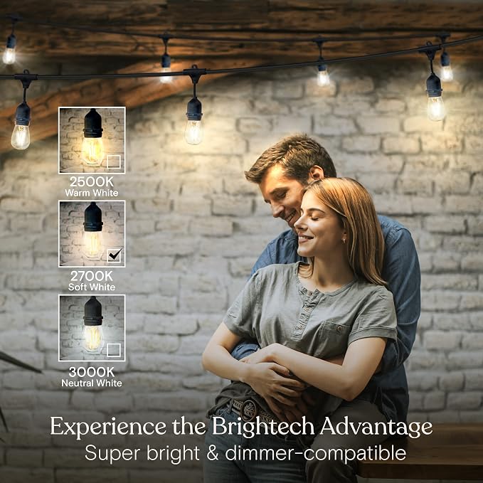 Brightech Ambience Pro LED Outdoor String Lights - Commercial Grade Waterproof Patio Lights with 48 Ft Dimmable Edison Bulbs, Porch String Lights for Patio, Backyard - 15 Bulbs 2W Soft White