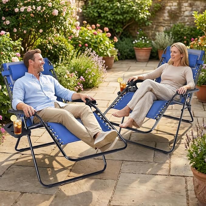 Sweetcrispy Zero Gravity Chairs, Foldable Patio Reclining Chairs with Adjustable Pillow & Cup Holder, Oversized Portable Support 400 lbs, for Backyard Camping, Blue-Gray