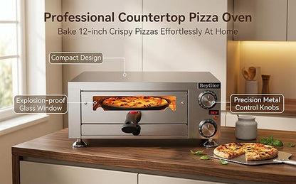 Electric Pizza Oven Indoor,12 inch Countertop Pizza Maker with Viewing Window,Stainless Steel Commercial Pizza Oven, Removable Handle,Dual Baking Trays and Oven Mitts