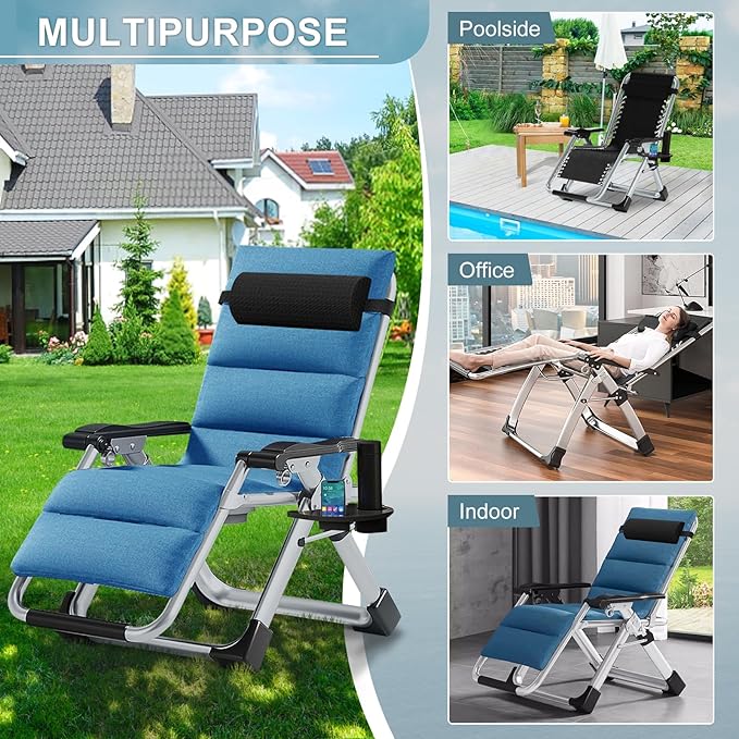 ABORON Zero Gravity Chair,Premium Outdoor Lawn Folding Lounge Chairs,Sturdy Adjustable Reclining Patio Chairs with Removable Cushion,Headrest & Tray