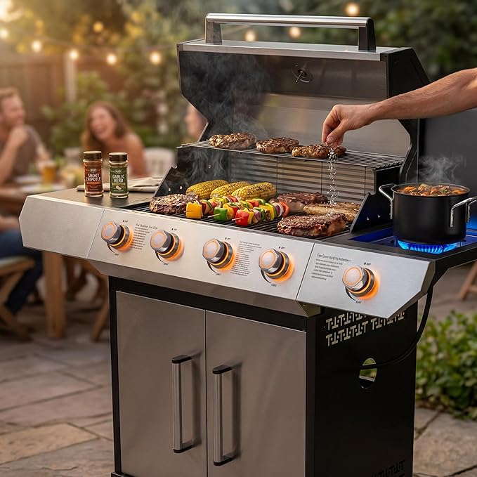 SKOK Led 4-Burner Gas BBQ Grill with Side Burner Led Knob, Barbecue Grill with Porcelain-Enameled Cast Iron Grates, 60,000 BTU Stainless Steel Propane Grill 629 Sq. In. Grilling Area