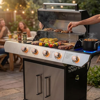 SKOK Led 4-Burner Gas BBQ Grill with Side Burner Led Knob, Barbecue Grill with Porcelain-Enameled Cast Iron Grates, 60,000 BTU Stainless Steel Propane Grill 629 Sq. In. Grilling Area